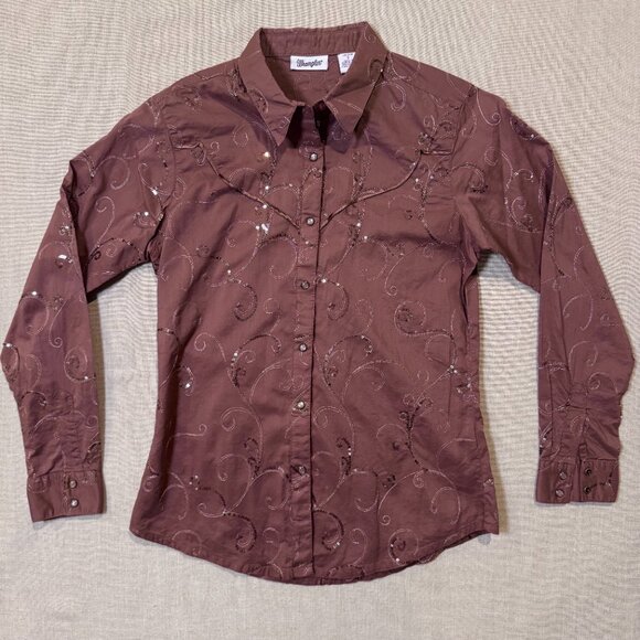 Wrangler Western Shirt Women’s Small Brown Sequin Embroidered Pearl Snap Rodeo - Picture 1 of 10